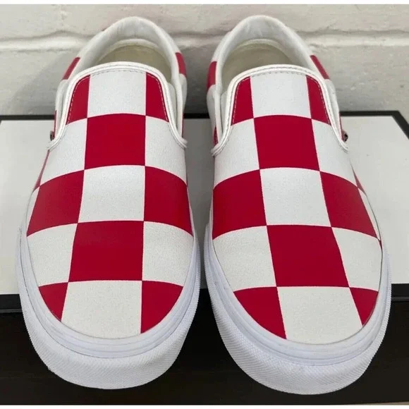 Vans Leather Red White Check Classic Slip-On Shoes Mens 13 New Fast Ship - Picture 2 of 12